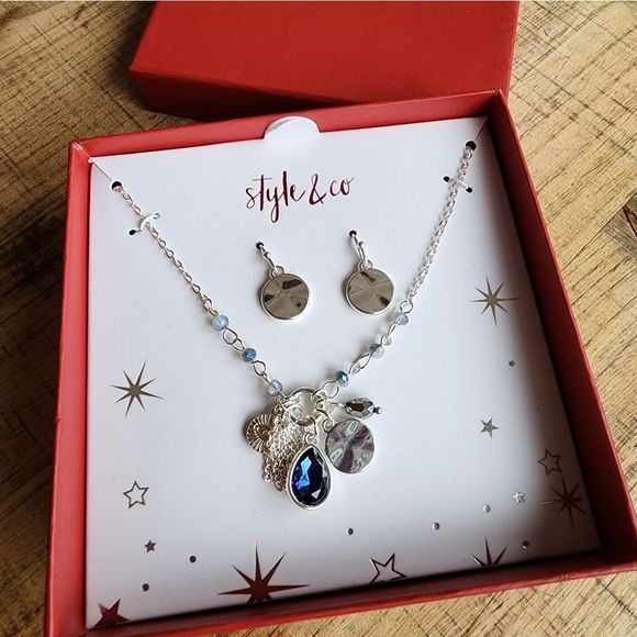 Style & Co Silve-Tone Multi-Charm Pendant NECKLACE & Disc Drop EARRINGS Set NEW! - Picture 2 of 5